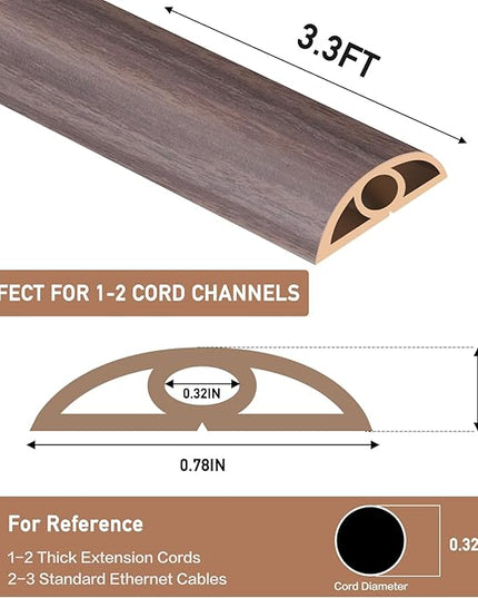 Floor Cord Cover Self Adhesive Cord Hider Floor Extension Cord Covers for Floor Power Cord Protector Cable Management Prevent Cable Trips Cable Cavity 0.32" W x 0.32" H (Brown Walnut Wood, 3.3Ft)