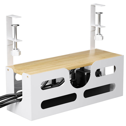 Punmoy Under Desk Cable Management Box with Lid, Large Cable Management Tray, Cord Organizer for Desk with Adjustable Clamps for Home and Office