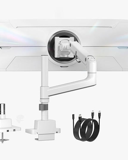 monTEK Heavy-Duty Single Monitor Arm for 17-57 inch, up to 59.4lbs Ultrawide Screens,Gas Spring Dual Curved Adjustable Monitor Stand for Desk,75/100mm VESA Mount with USB，White