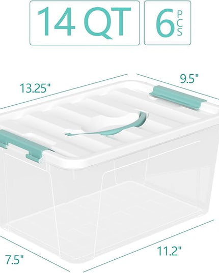 Plastic Storage Box with Lids, Clear Plastic Latching Bins, 14 Quart, Pack of 6