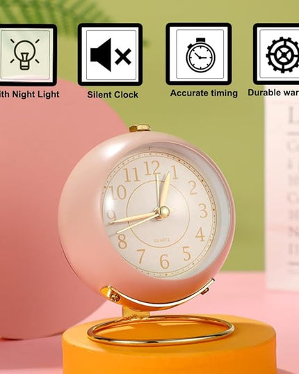 SHISEDECO Small Tableclocks Classic Non-Ticking Tabletop Alarm Clock with Backlight, Battery Operated Astronaut Deskclock with HD Glass for Living Room Bedroom Bedside Indoor Decor (Pink)