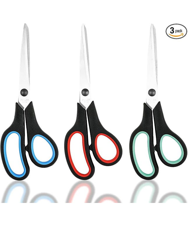 Scissors, 3-Pack 8" Heavy Duty Scissors with Ultra Sharp Blades and Comfort Grip Handles - For Office, Home, School, Sewing, and Crafts (Red, Green, Blue)