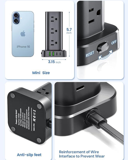 Tower Power Strip with Surge Protector - 12 AC Outlets & 4 USB Ports (2 USB-C), 6FT Extension Cord, Charging Station Tower for Home Office Dorm Travel (Black)