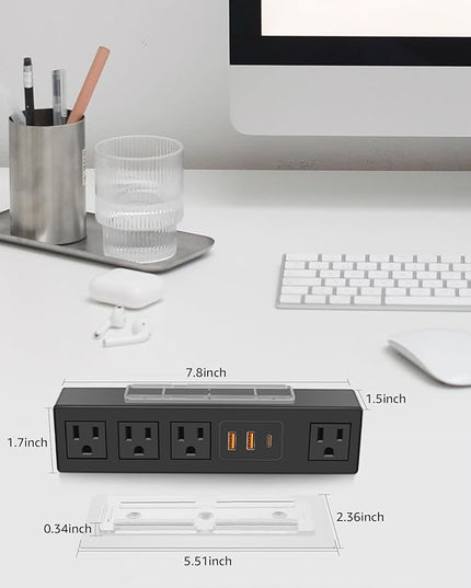 HHSOET Under Desk Power Strip with 3M Adhesive, Removable Under Desktop Mount Plug with 30W Fast Charging USB C and USB A Ports, 4 Outlet Under Table Surge Protector 1200J, 6FT Extension Cord. (Black)