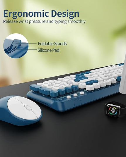 Wireless Keyboard and Mouse,Cute Retro Typewriter Computer Keyboard and Mouse Sets,Full SIze 2.4G Cordless Colorful Round Keycaps Keyboard with Silent Mouse for PC Window Laptop Home Office-White Blue
