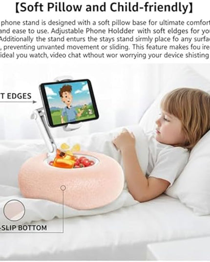 Fuzzy Pillow Phone Holder with Snack Bowl, Adjustable 360° Rotating Magnetic Stand for Phone/Tablet/Kindle iPad, Soft Plush Fabric, Detachable Snack Bowl for Reading for Bed (Double-Gray)