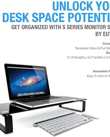 Eutuxia Type-S Black Tempered Glass Monitor Stand, TV, Laptop, Computer, All-In-One Desktop, Printer Riser [21.75 x 8.25 x 3.25 Inches]