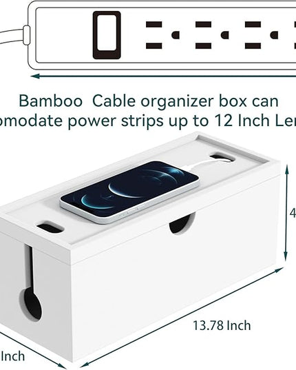 Bamboo Cable Management Box, Large Cord Organizer Box Cable Box to Hide Wires & Power Strips for Desktop Storage Cord Holder for Office Home,No Assembley Required (All White, 1Medium)