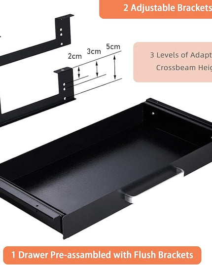 OSteed Under Desk Drawer Organizer 21" Black Upgraded with Adjustable Brackets, Sliding Pull-Out Under Table Pencil Drawer, Office Standing Desk Attachment for Workbench