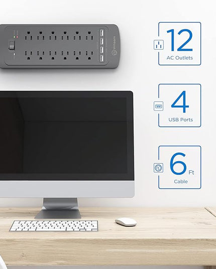 Surge Protector Power Strip - 12 Outlets, 4 USB 3.4A Ports, 6Ft Extension Cord, 1875W/15A, 4360Joules, Wall Mountable, Overload Protection - Ideal for Home & Office Use (Black-3.4A)