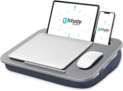 ISTUDYNITURE Portable Lap Desk with Cushion, Fits up to 15.6 inch Laptop, Laptop Stand with Device Ledge and Phone Holder, for Home Office (Grey, Small)