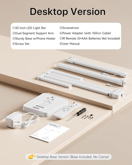ONEMIX 42" LED Desk Lamp for Home Office, Eye-Caring Desk Light with Adjustable 4-Segment Bar, 1800LM Bright, Remote, Architect Table Lamp with Base for Dual Monitors, Reading, Study, Workbench(White)