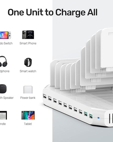 iPad Charging Station, Unitek 96W 10-Port USB Charging Dock Hub with Quick Charge 3.0, Charging Stand Compatible Multiple Device, Charging 8 iPads Simultaneously - [Upgraded Divider]