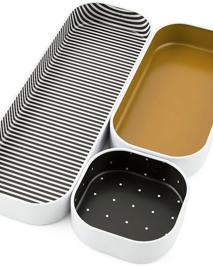 Three by Three Seattle 3 Piece Shallow Metal Organizer Tray Set for Storing Makeup, Stationery, Utensils, and More in Office Desk, Kitchen and Bathroom Drawers (1 Inch, Gold Dots and Stripes)