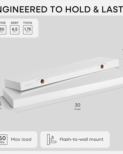 Homeforia White Floating Shelves 30 inch, High End Solid Real Wood 30inch Floating Shelf for Wall Mounted, White Wooden 30in Long Floating Shelves, Heavy Duty Bracket, 30 X 6.5 X 1.75 inches, Set of 2
