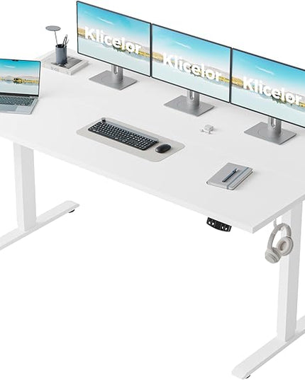 Klicelor 60 Inch Large Electric Standing Desk, Height Adjustable Office Desk, Sit Stand Up Computer Gaming Desk with Memory Preset, Two-Piece Desktop, White