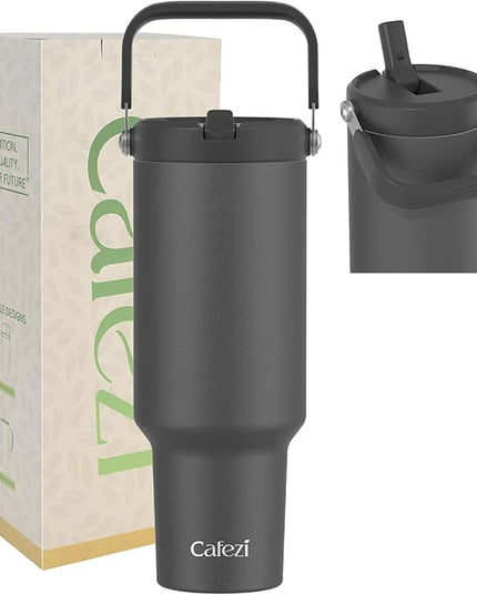 40 oz Insulated Tumbler with Top Handle and Flip Straw, Vacuum Insulated Stainless Steel Cup with Leak-Proof Lid, Sweat-Free, Fits Cup Holder, Keeps Ice Cold up to 30 Hours