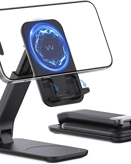 iWALK Magnetic Cell Phone Stand for Desk, Angle and Height Adjustable Mobile Phone Holder, Foldable Magnet Stand for iPhone 17 16 15 14 13 12 Pro Max and iPad, Cell Phone Holder for Samsung, Black