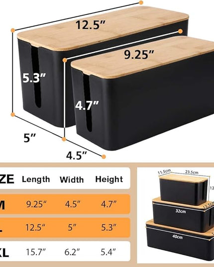 Cable Management Box, 2 Pack Bamboo Lid Large Storage Wires Organizer Holder for Home, Desk, TV, Computer, USB Hub - to Cover Hide Surge Protector Conceal Power Strips & Cords (Black)