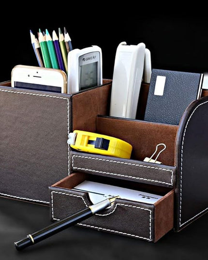 KINGFOM Desk Organizer Office Supplies Caddy Pu Leather Multi-function Storage Box Pen/Pencil,Cell phone, Business Name Cards Remote Control Holder with Small Drawer Brown