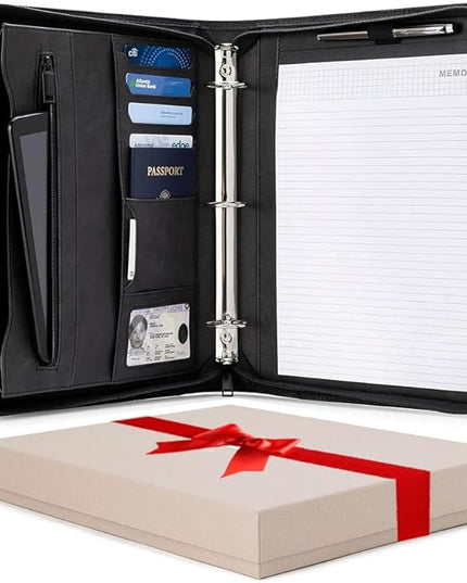Forevermore Portfolios Portfolio Organizer - 3 Ring Binder with Notepad - 1.5 Inch Rings - Zippered Storage Pockets for Papers, Travel Documents, Presentation Folder, Cards, Passport, Tickets - Black