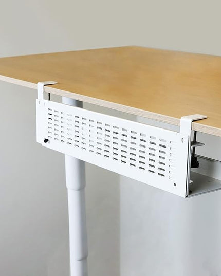 AEONS Under Desk Cable Management Tray Kit - Horizontal Adjustable up tp 41” Desk Organizer Removable C Clamp Mount Reversiable Computer Cord Raceway and Modesty Panel for Large Table, White/Beige