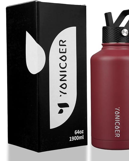 Insulated Water Bottle 64oz,Triple Wall Vacuum Stainless Steel(Dishwasher Safe),Leak Proof & Non-BPA,Flask Jug with Paracord Handle & Straw Spout Lids Sports Red