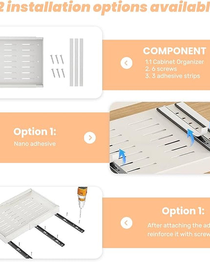 4Pack Expandable Pull-Out Cabinet Organizer 21" Deep Slide Out Drawers, Upgrade 3 Slide Rails, Adjustable Width 12.4”-20.4”, With Screws and Nano Film Adhesive， White