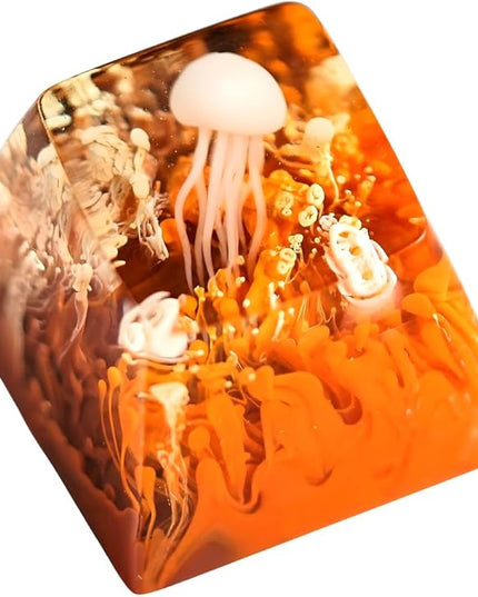 Jellyfish Artisan Keycap Orange and Brown Coral R1 SA Profile Custom Sea Creature Keycaps 1U ESC Handmade Gaming Sea Resin Key Cap Cherry MX Switch Compatible Mechanical Keyboard Jellyfish Lover Gift