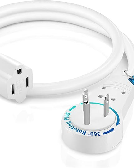 Maximm Cable 2 Feet 14Awg 360° Rotating Flat Plug Extension Cord/Wire, 3 Prong Grounded Wire, Heavy Duty Extension Cord - UL Certified - White
