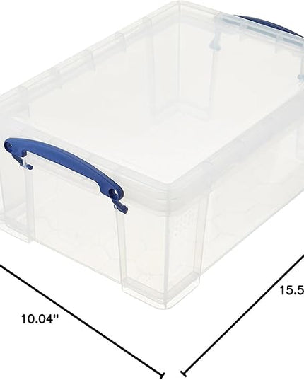 Really Useful Box Stackable 9 Liter Plastic Storage Container Bin with Snap Lid and Built-In Clip Lock Handles for Home & Office Organization (4 Pack)