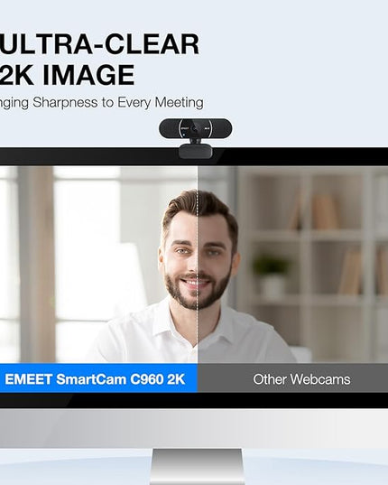 EMEET C960 2K Webcam with Microphone, 2K QHD, 2 Noise-Reduction Mics, TOF Autofocus Streaming Webcam with Privacy Cover, Plug&Play USB Webcam for Calls/Conference, Zoom/Skype/YouTube, Laptop/Desktop