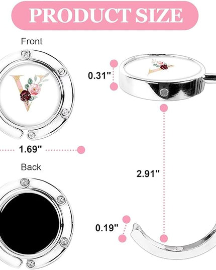 XSUIOY 3Pcs Personalized Initial Foldable Purse Hook for Table,Crushed Flower Letters Folding Purse Hanger,Purse Holder Handbag Hanger Collection Desk Table Bag Hooks Gifts for Women Bag(Pink-V)