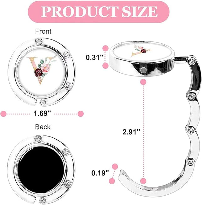 XSUIOY 3Pcs Personalized Initial Foldable Purse Hook for Table,Crushed Flower Letters Folding Purse Hanger,Purse Holder Handbag Hanger Collection Desk Table Bag Hooks Gifts for Women Bag(Pink-V)