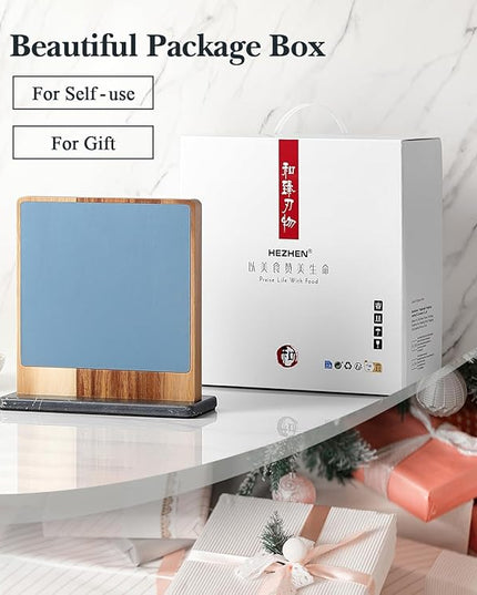 HEZHEN Double-sided Magnetic Knife Holder without Knives, Acacia Wood Knife Block with Leather Cover, Space-saving Knife Storage, Strong Enhanced Magnets Strip, Non-slip Marble Base