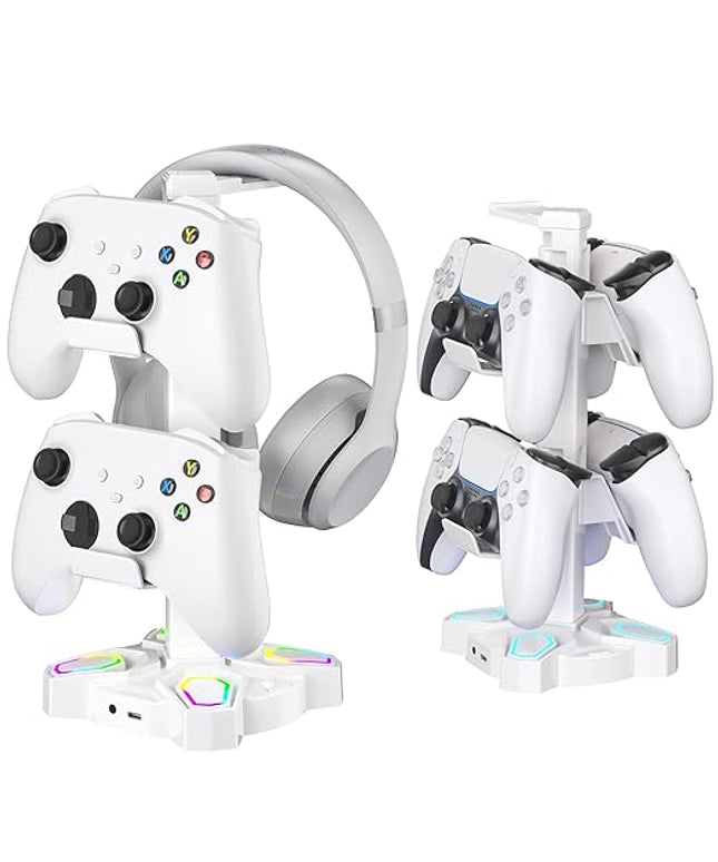 KDD Gaming Headphones Stand, Rotatable Headset Stand with Light Modes - Controller Holder with 2 USB Charging Ports and 3.5mm - Earphone Hanger Accessories for Desktop Gamer(White)