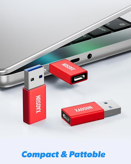 XAOSUN 10Gbps USB to USB C Adapter 3 Pack, 3.1 USBC Female to USB Male Adapter, One-Sided SuperSpeed Data Sync, 100W Fast Charging for iPhone 16 15 14 13, Laptop, Charger, Quest Link, etc, Red