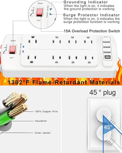6FT Surge Protector Power Strip, Nuetsa Extension Cord with 8 Outlets and 4 USB Ports, 6 Feet Power Cord (1625W/13A), 2700 Joules, ETL Listed, White