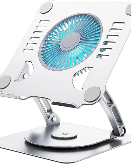SHUWEI 360° Rotating Laptop Cooling Stand with 3 Speed Fan, Adjustable Height Laptop Stand for Desk, Ergonimic Aluminum Laptop Cooling Pad for 10-15'' Notebook - Silver