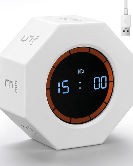 Rechargeable Pomodoro Timer, 8-Angle Auto-Rotating Screen with Gravity Sensor, Digital Timers for Classroom, Small Kitchen Timers for Cooking, Work and Study (Pearl White)