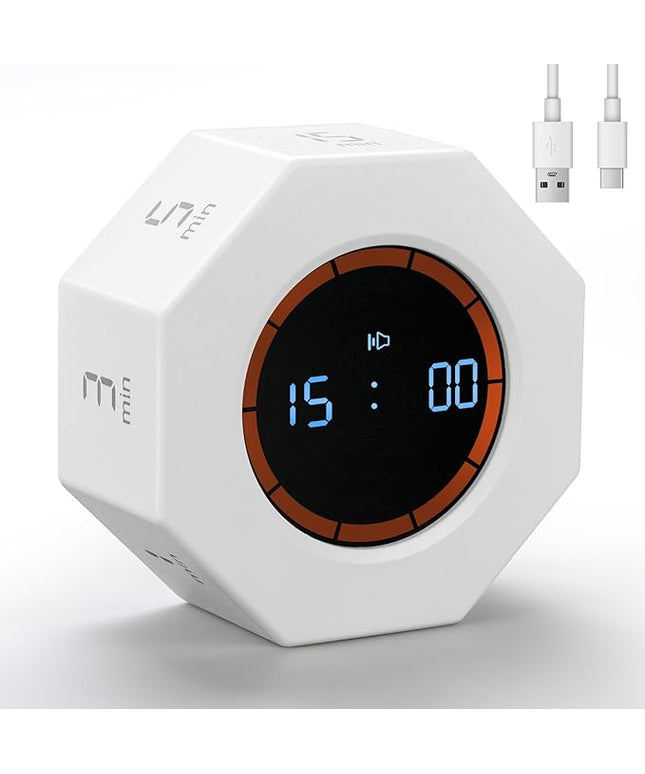Rechargeable Pomodoro Timer, 8-Angle Auto-Rotating Screen with Gravity Sensor, Digital Timers for Classroom, Small Kitchen Timers for Cooking, Work and Study (Pearl White)