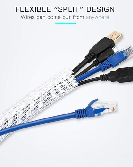 AGPTEK Cable Sleeve Cover, 6.6ft - 2/3 inch Desk Cord Organizer Cable Hider, Home Office Wire Management Computer TV Wire Loom Tubing, Pet Proof Cord Protector, from Cat Dog Chewing, White