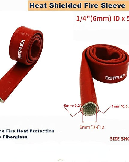 1/4"(6mm) ID Heat Shielded Fire Thermo Armor Fire Sleeve Silicone Coated Fiberglass for Automotive Hose Lines & Electrical Wiring Red, 5 feet