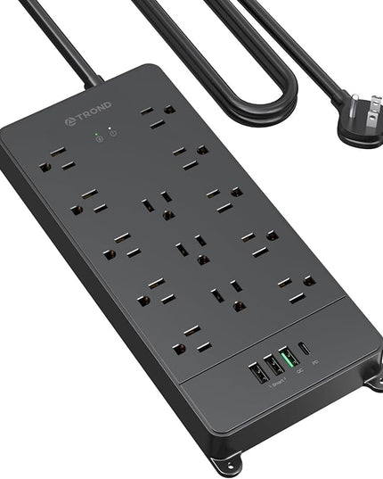 TROND Surge Protector Power Strip, 5ft Heavy Duty Extension Cord with 32W USB C & QC 3.0 Charger, 4000 Joules, ETL Listed, 13 Wide Spaced Outlets, Flat Plug, Wall Mount for Home Office Supplies, Black