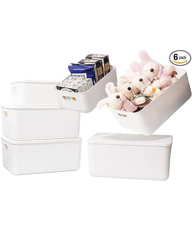 Plastic Storage Baskets Bins Boxes With Lids,Organizing Container White Storage Organizer Bins For Shelves Drawers Desktop Playroom Classroom Office,6-Pack(4M+2S)