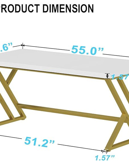 LVB White and Gold Desk, Modern Wood Home Office Computer Desk, Metal Study Executive Writing Table for Gaming Writing Work, Farmhouse Simple Compact Student PC Desk for Bedroom, 55 Inch