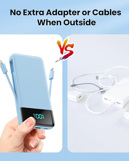 Portable Charger for iPhone with Built in Cables and Wall Plug,Upgraded 13800mAh Fast Charging USB C Power Bank,4 Outputs Travel Essential Battery Pack Compatible with iPhone 17/16/15/14,-Light Blue