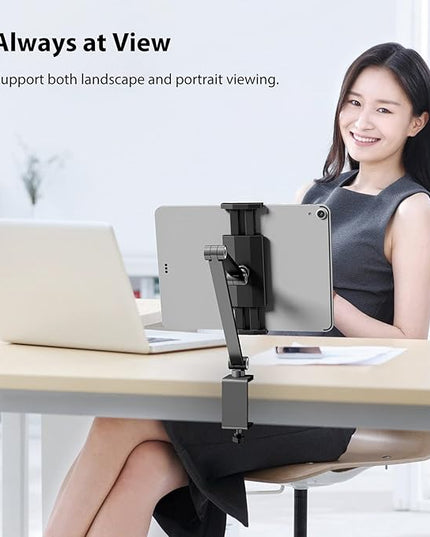 BEWISER iPad Desk Mount, Tablet Stand Holder for Desk or Bed,Rotate 360 Degrees of Flexible, Height and Angle Adjustable, Aluminium Alloy Arm Clamp Mount Compatible with4.7-15.6" Screen (Space Gray)