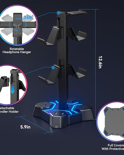 KDD Headphone Stand with USB Charger, Controller Stand for Desk, Headphone Holder with 2 USB Charging Ports and 3 AC Outlets, Accessories for Desktop(Black)