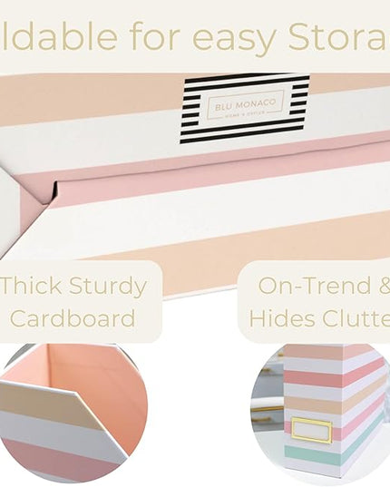 BLU MONACO Set of 4 Foldable Magazine Holders in Pastel Stripes | Cardboard Vertical File Organizer Boxes with Gold Label Holders | Stylish Paper Organizer for Desk, Office & Classroom